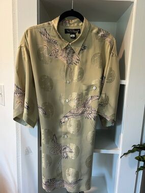 Tori Richard MENS Silk Resort Shirt XL Sage Crane Print Luxury Hawaiian shirt